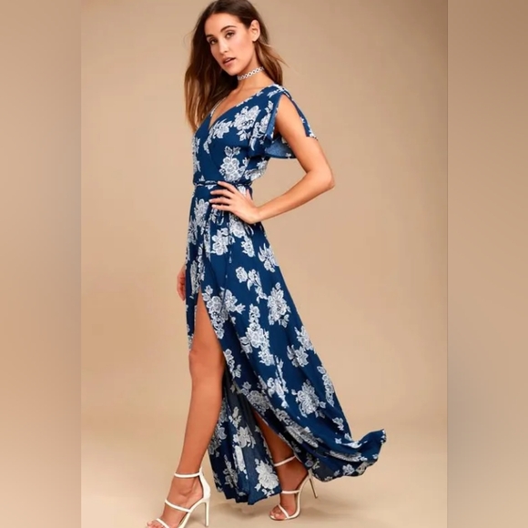 Lulus Dresses & Skirts - Lulus Navy Blue Floral Print Wrap Maxi Dress Womens NWT